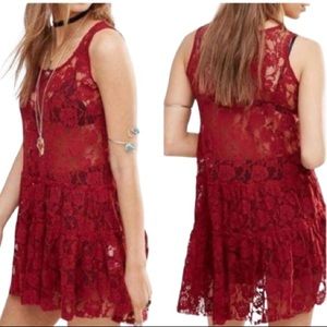 Free People Red Rose Floral Lace Emily Slip Dress